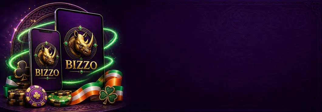 Smartphone and tablet showing the Bizzo Casino app with a golden rhino icon and an Irish tricolour ribbon