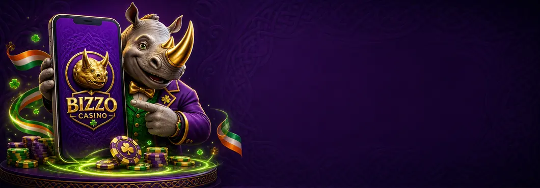 Bizzo Casino rhino mascot pointing at a smartphone showing the casino app with a golden rhino icon