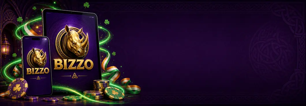 Bizzo Casino app with the golden rhino logo on a smartphone and tablet, surrounded by casino chips and an Irish ribbon