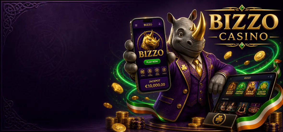 Bizzo Casino rhino mascot holding a smartphone running the casino app, with a tablet and gold coins