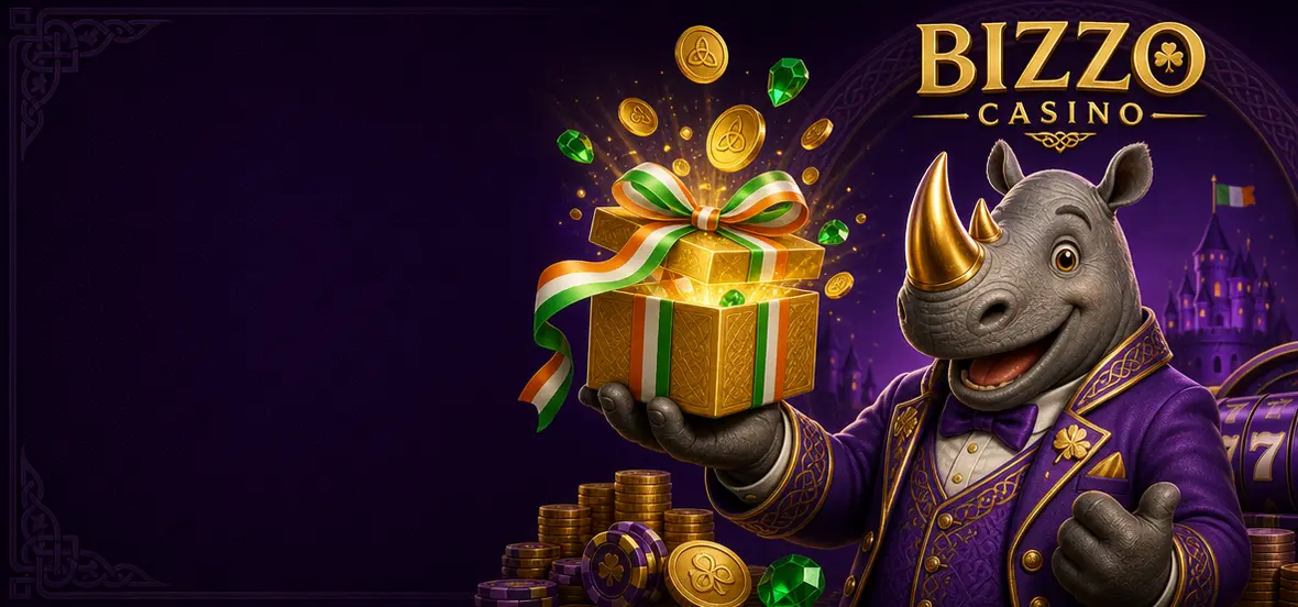 Bizzo Casino rhino mascot holding a golden bonus gift box with Irish tricolour ribbon and gold coins