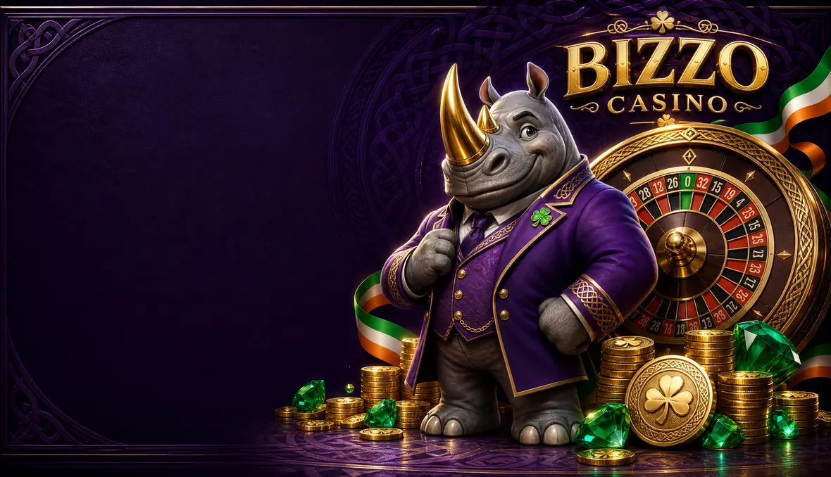 Bizzo Casino rhino mascot in a purple suit beside a golden roulette wheel with Irish tricolour ribbons
