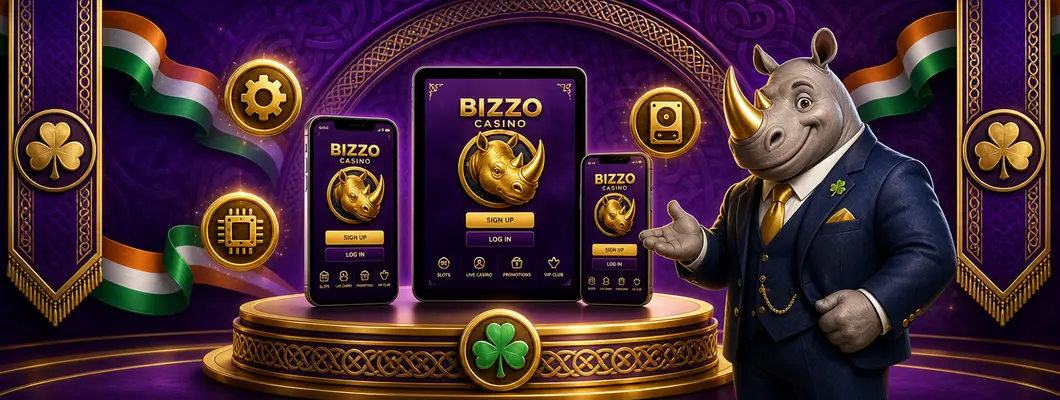 Compatible phones and a tablet running the Bizzo Casino app on a golden podium with the rhino mascot