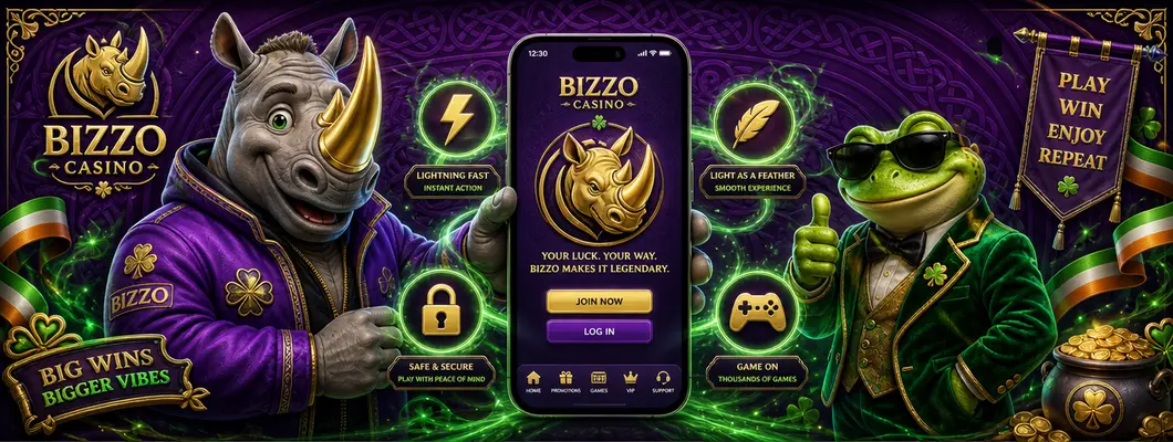 Bizzo Casino app features: a smartphone surrounded by golden speed, storage and security icons with both mascots