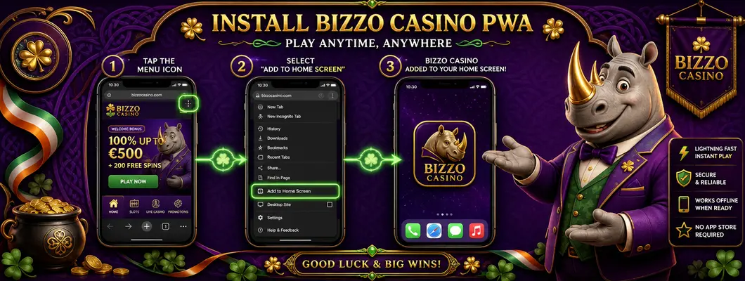 Three phone screens showing the Bizzo Casino web app install steps, explained by the rhino mascot