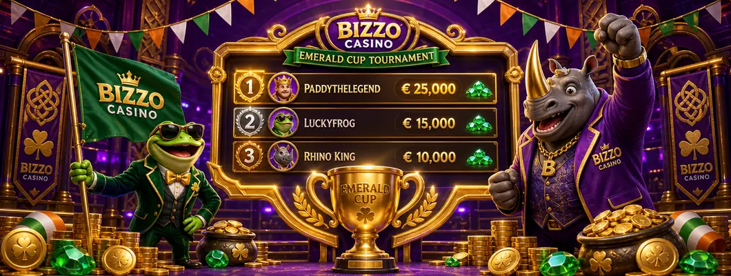 Bizzo Casino tournament leaderboard with a golden trophy, the rhino mascot celebrating and the frog mascot with a flag