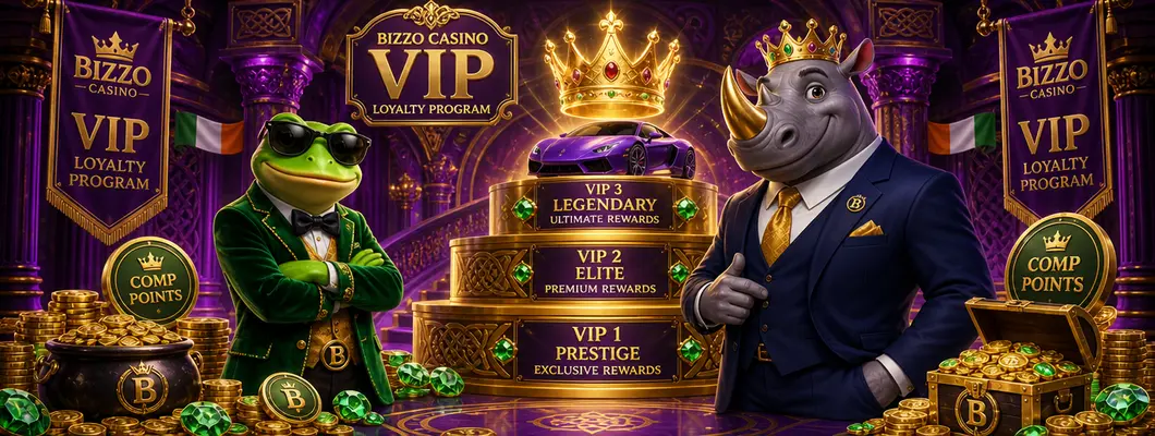 Bizzo Casino VIP levels: golden podium steps rising to a crown and a sports car grand prize with the rhino mascot
