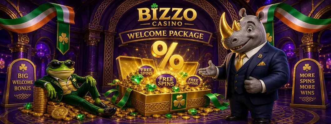 Bizzo Casino welcome package: open gift box with gold coins and free spins, presented by the rhino mascot