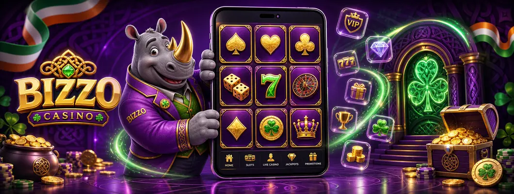Bizzo Casino rhino mascot holding a smartphone with a grid of casino game tiles