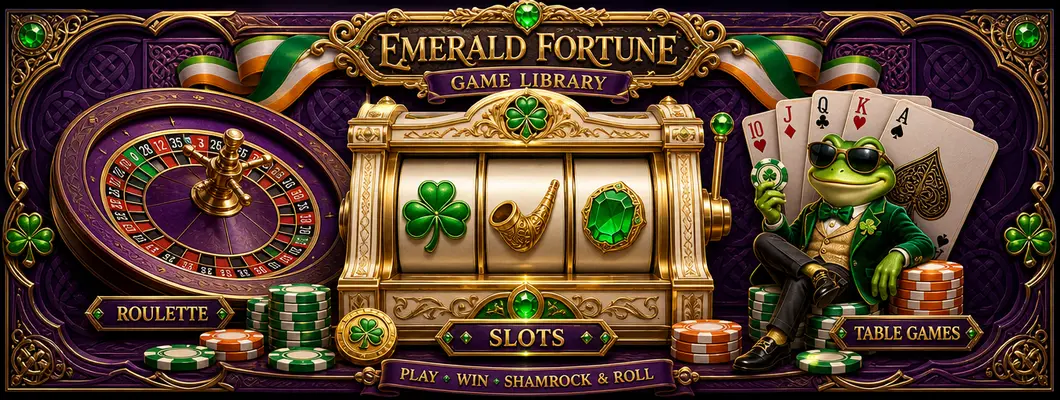 Bizzo Casino game library: golden slot machine, roulette wheel, playing cards and frog mascot with sunglasses