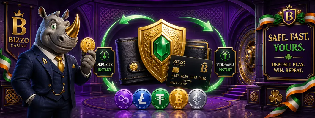 Bizzo Casino rhino mascot with a wallet, bank card, golden shield and payment coins with instant transfer arrows