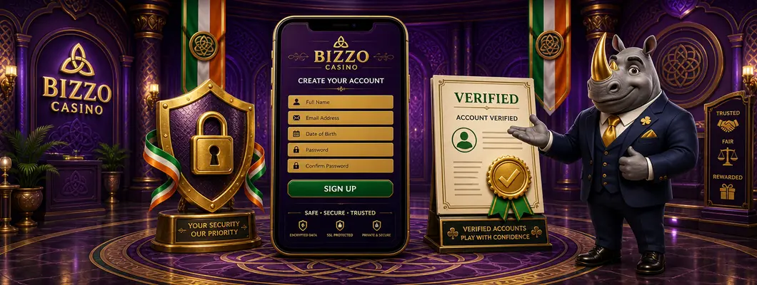 Bizzo Casino sign-up form on a phone with a golden shield and verified document, presented by the rhino mascot
